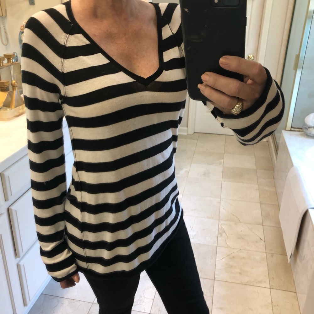 FREE with purchase: Sweater, V neck, blk & white stripe, Sz L